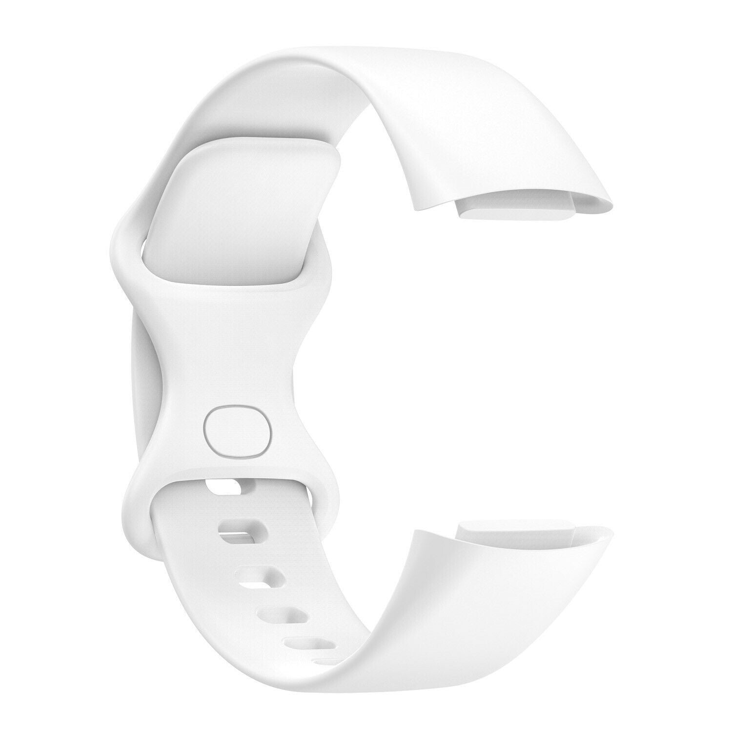 Ein weißes Uhrenarmband vor weißem Hintergrund. Es hat ein gebogenes Design mit Löchern und einem kreisförmigen Schnallenbereich.