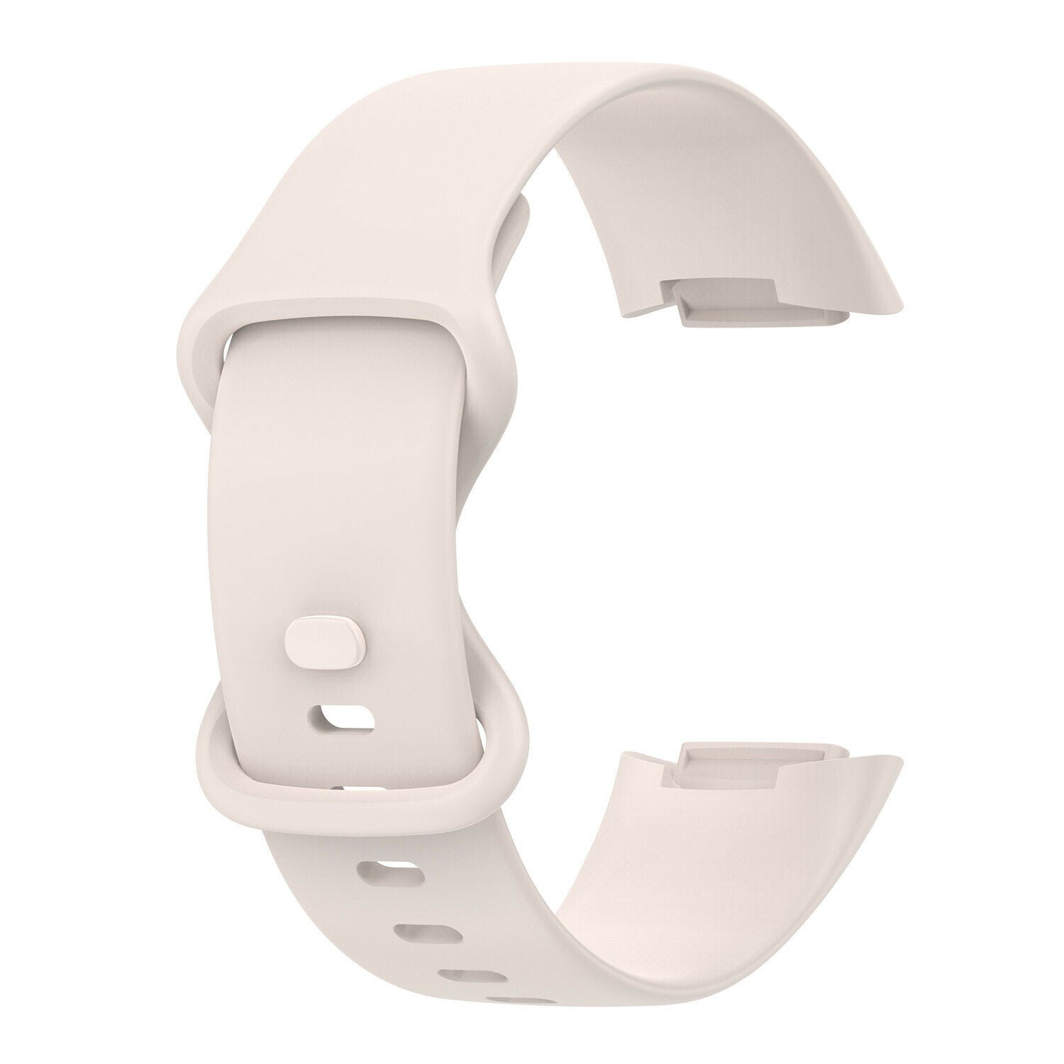 Ein hellbeige Smartwatch-Armband, abgenommen, gebogen. Es hat eine Schnalle und einen Stift sowie zwei Befestigungspunkte für die Uhr.