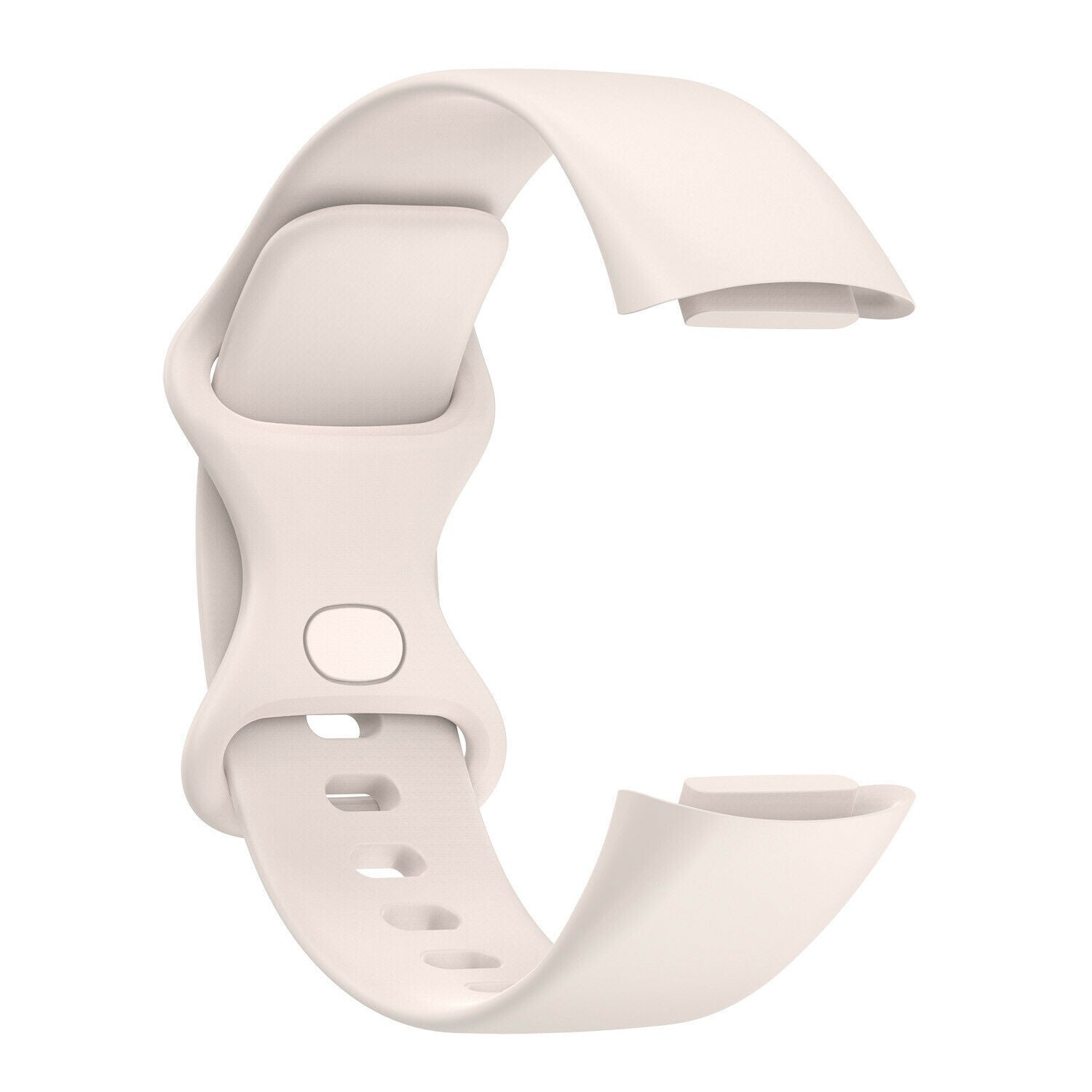 Ein cremefarbenes Uhrenarmband ist abgebildet, das in einer 'S'-Form gebogen ist. Es hat Löcher zur Anpassung und einen Verschlussbereich. Der Hintergrund ist weiß.