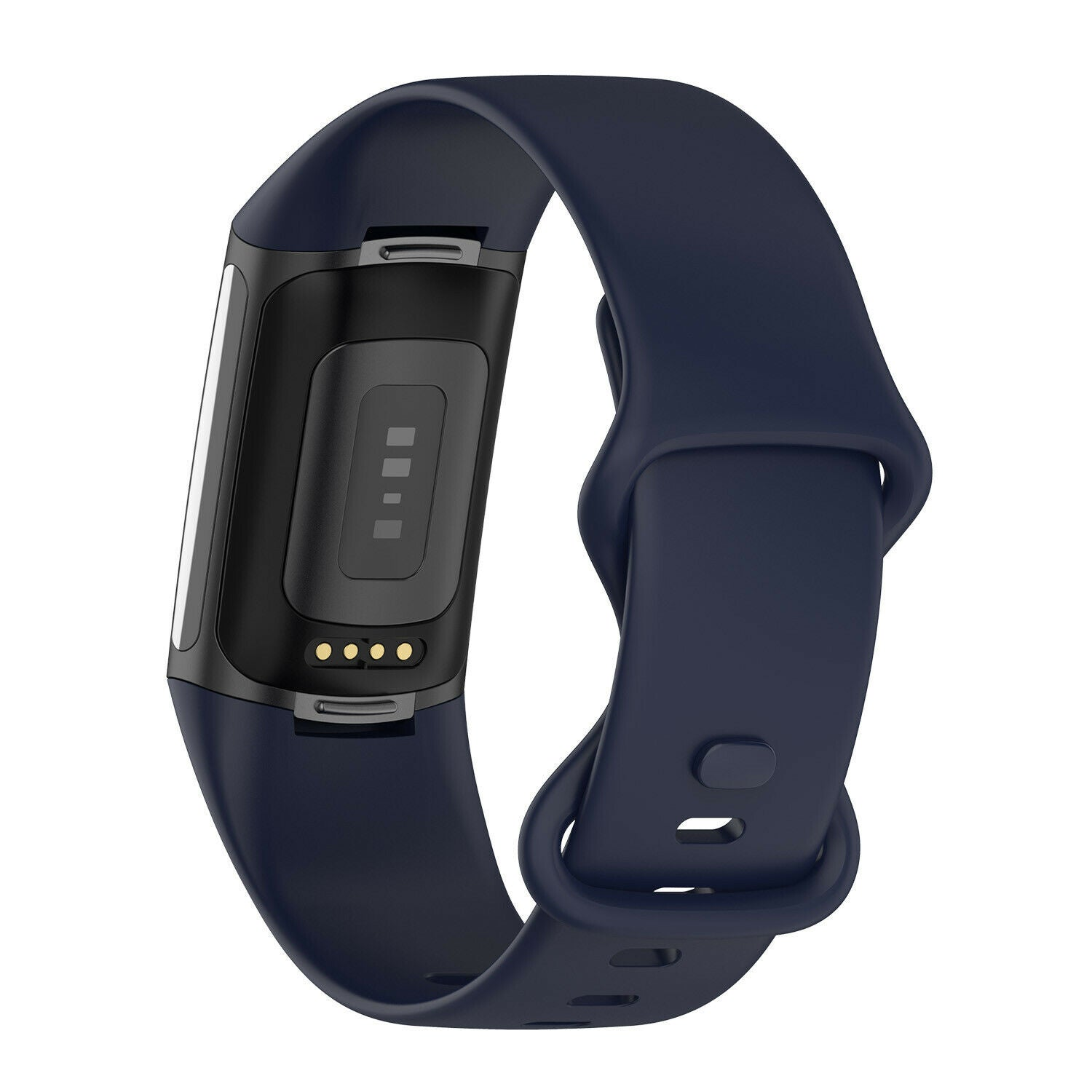 Ein marineblauer Fitness-Tracker mit schwarzem Bildschirm. Er hat ein Band, das sich umschließt. Der Hintergrund ist weiß.
