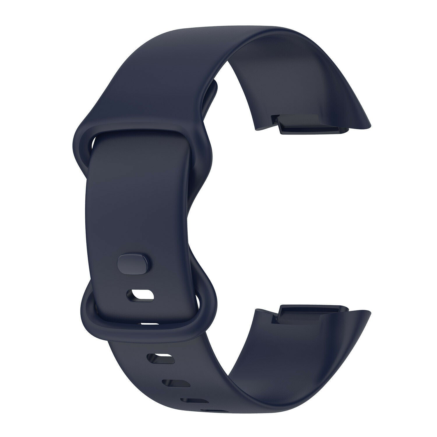 Ein marineblaues Uhrenarmband, gebogen und schlaufenförmig, ist auf weißem Hintergrund isoliert. Das Band hat Löcher und einen Verschluss.