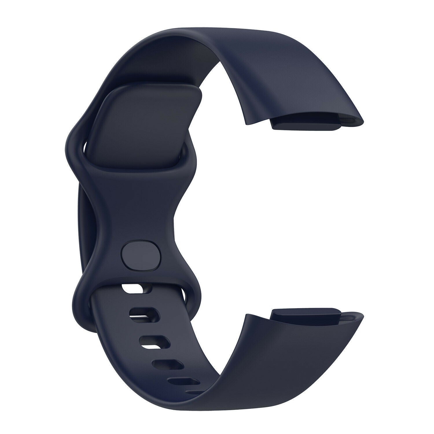 Dunkelblaues Smartwatch-Armband. Das Band ist gebogen und hat auf einer Seite Löcher. Es ist vor weißem Hintergrund.