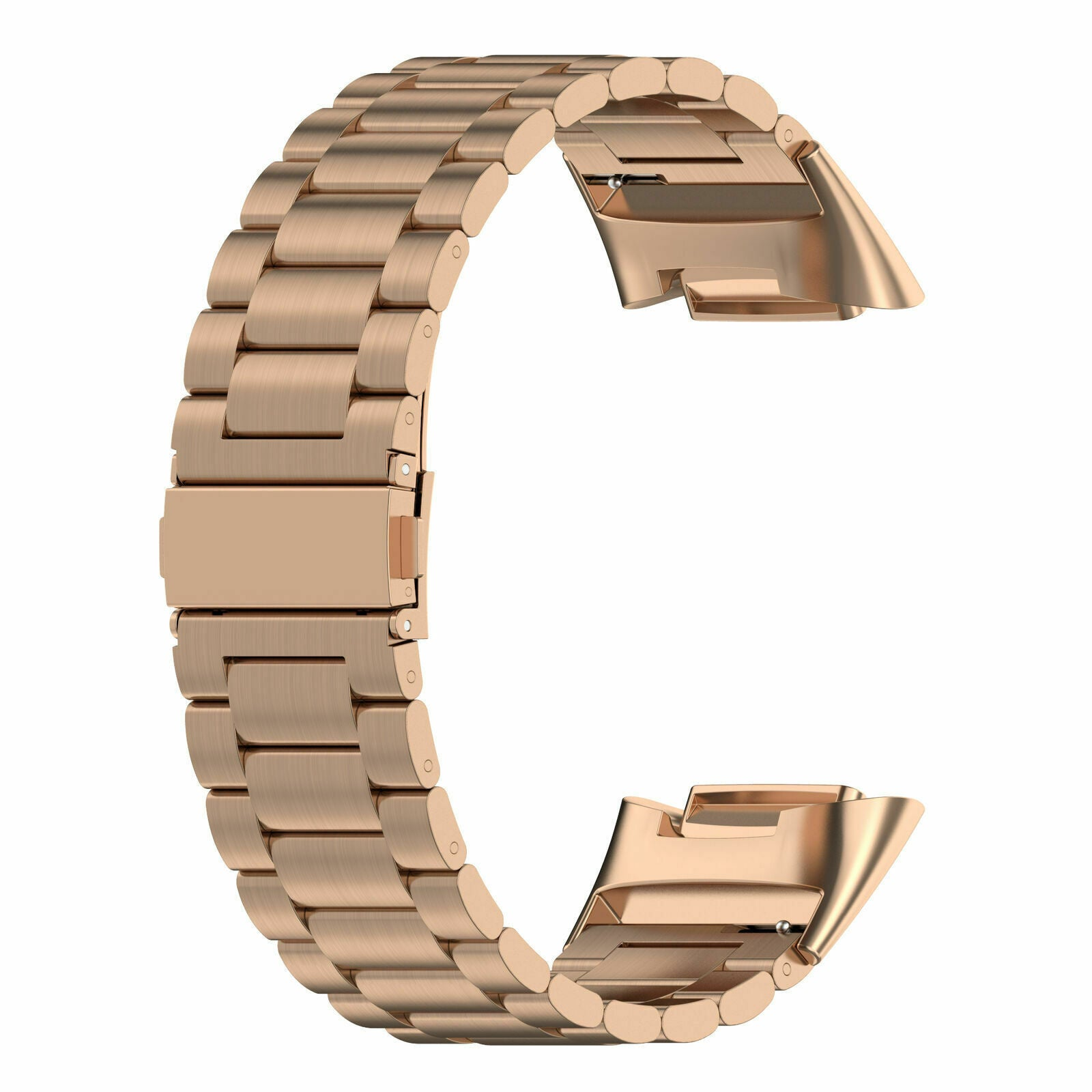 Roségoldenes Uhrenarmband auf weißem Hintergrund. Das Armband hat C-Form mit Verschluss und Gliedern.