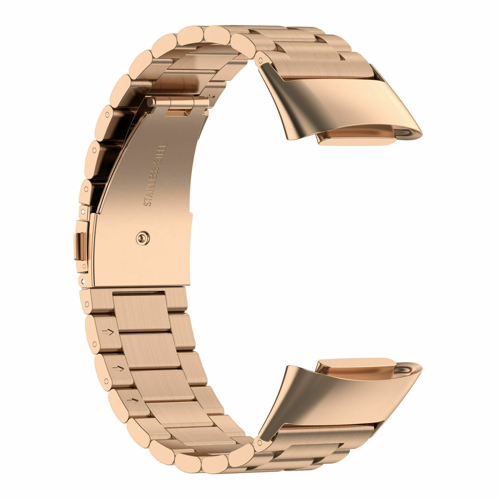 Ein roségoldenes Edelstahl-Uhrenarmband, gebogen, mit einem Verschluss mit der Aufschrift 'EDELSTAHL'. Der Hintergrund ist weiß.