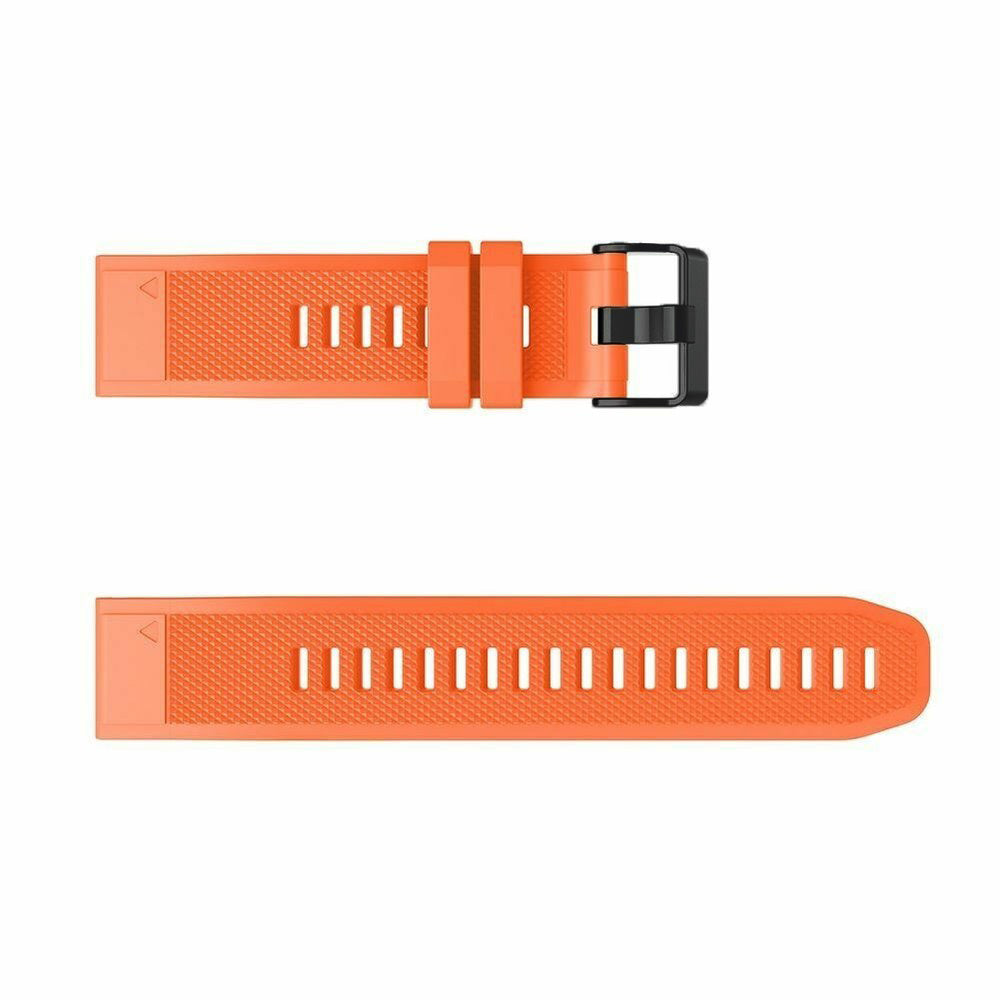 Zwei orangefarbene Uhrenarmbänder mit strukturierten Oberflächen. Ein Armband hat eine schwarze Schnalle. Auf beiden Bändern sind vertikale Linien sichtbar.