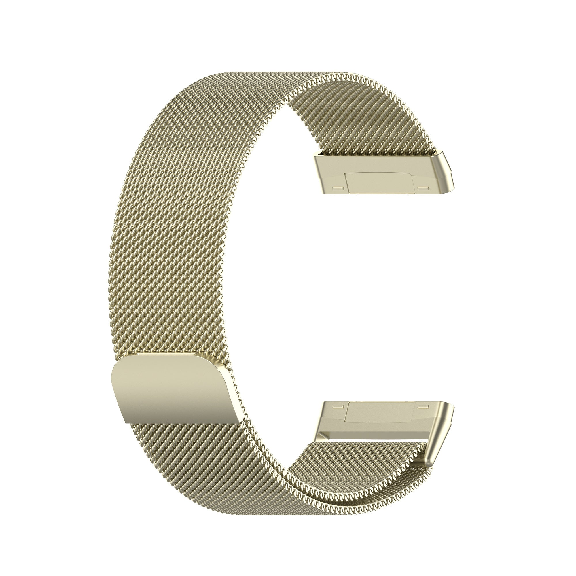 Ein goldenes Metallarmband, maschenartig, ist vor weißem Hintergrund gebogen. An beiden Enden des Armbands sind zwei Verschlüsse zu sehen.