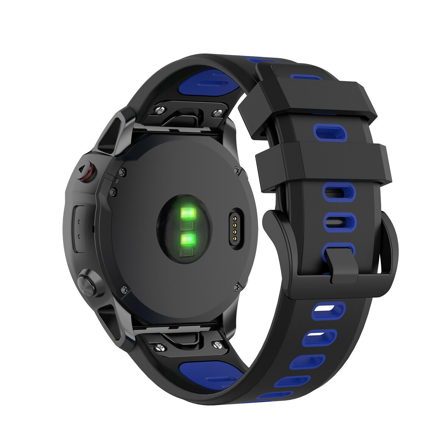 Eine schwarze Smartwatch mit blauem und schwarzem Armband. Die Unterseite zeigt ein grünes Licht und Sensoren und ein schwarzes Gehäuse.