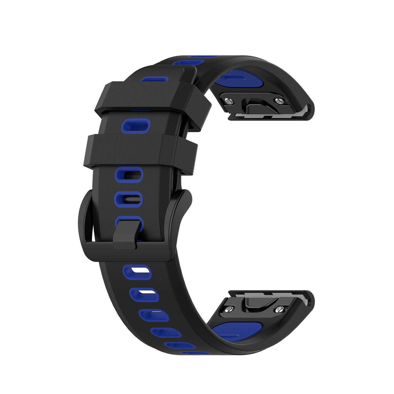 Ein schwarzes und blaues Uhrenarmband vor weißem Hintergrund, mit mehreren Löchern und einer Schnalle.