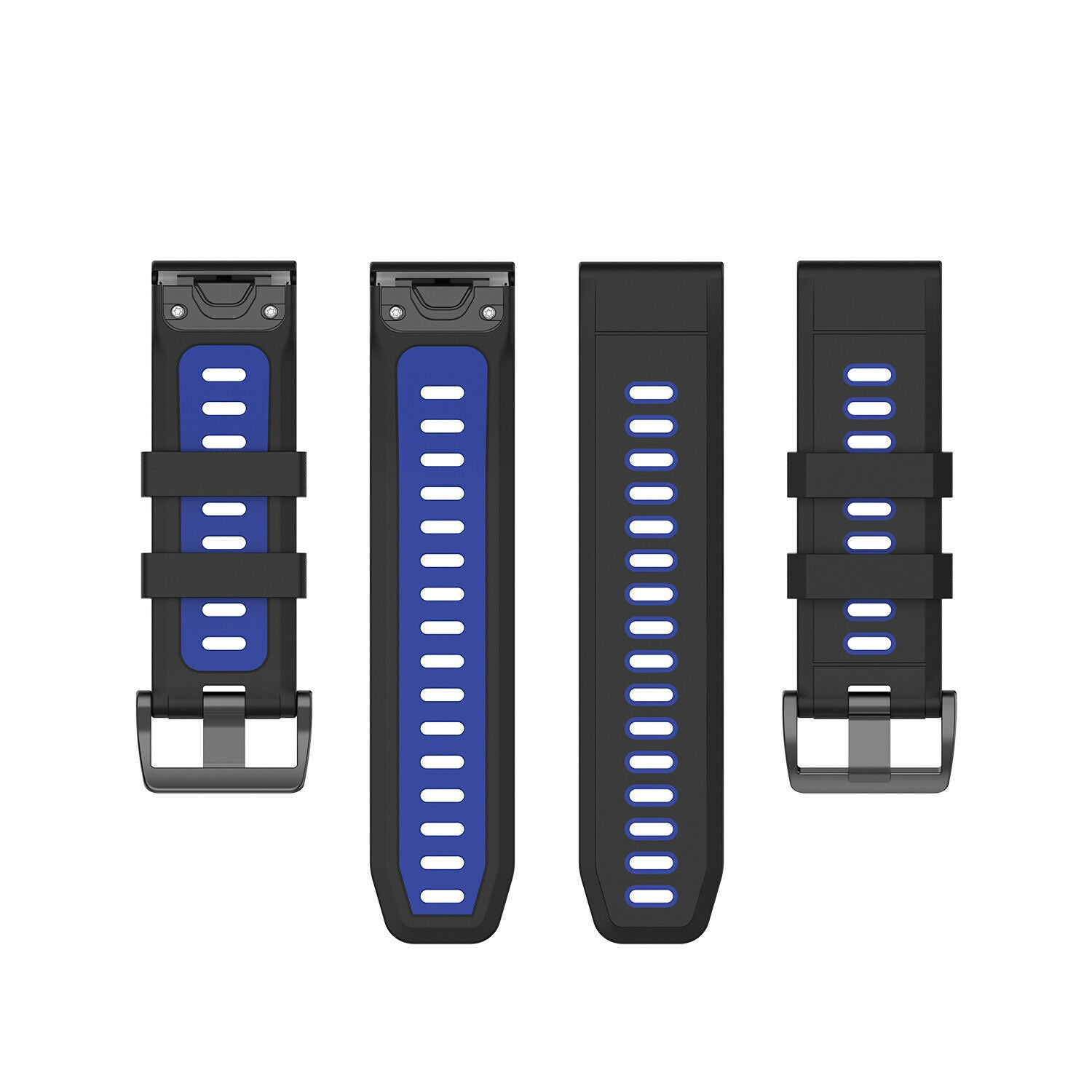 Vier schwarze Uhrenarmbänder mit blauen Akzenten und weißen Streifen. Schnallen sind sichtbar. Isoliert auf weißem Hintergrund.