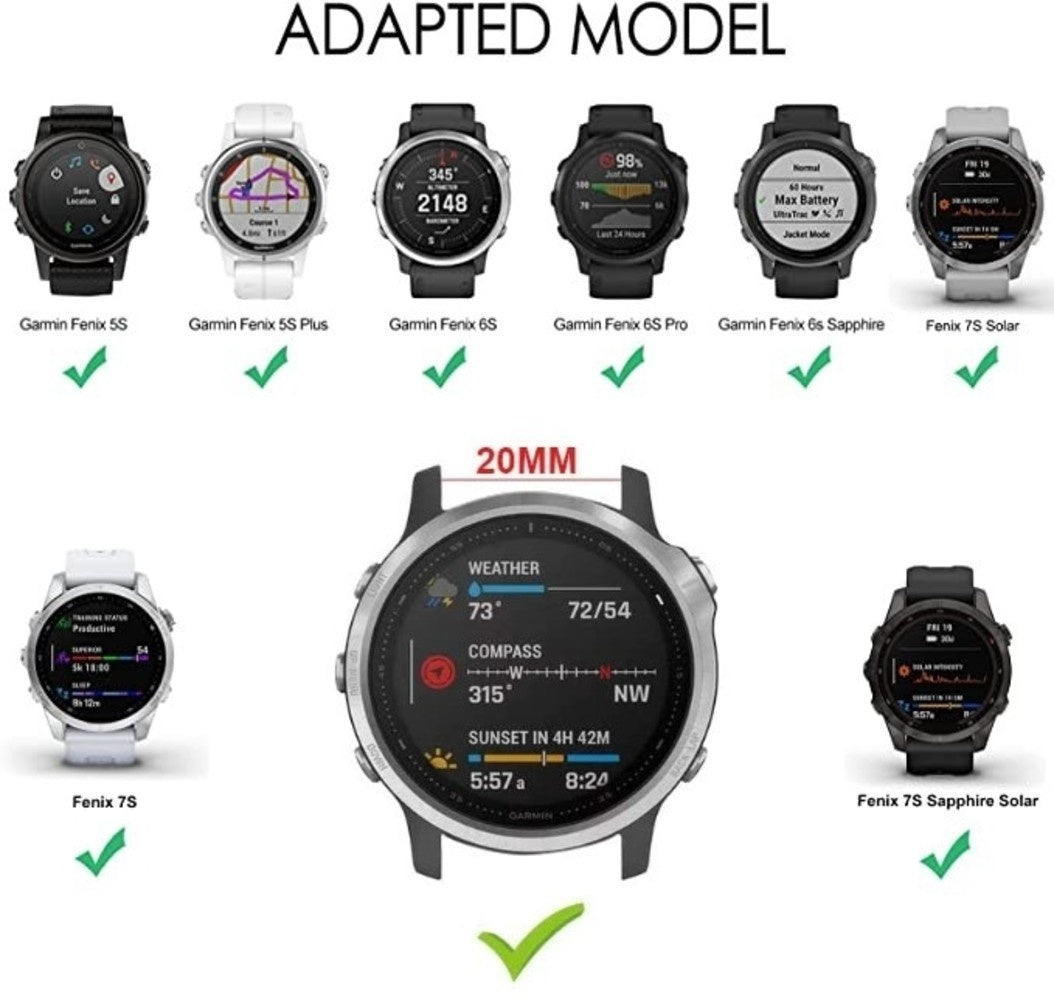 Das Bild zeigt Smartwatches. Obere Reihe: Garmin Fenix Modelle. Untere Reihe: Fenix 7S Modelle. Grüne Haken zeigen Kompatibilität.