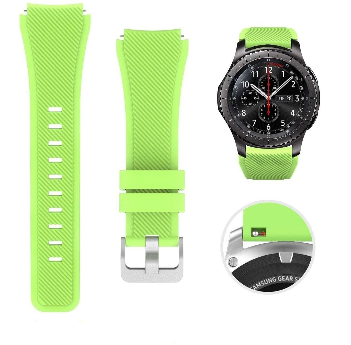 Eine grüne Smartwatch mit ihren Armbändern und eine Nahaufnahme des Bandes. Die Uhr hat eine schwarze Lünette und ein hellgrünes Armband.