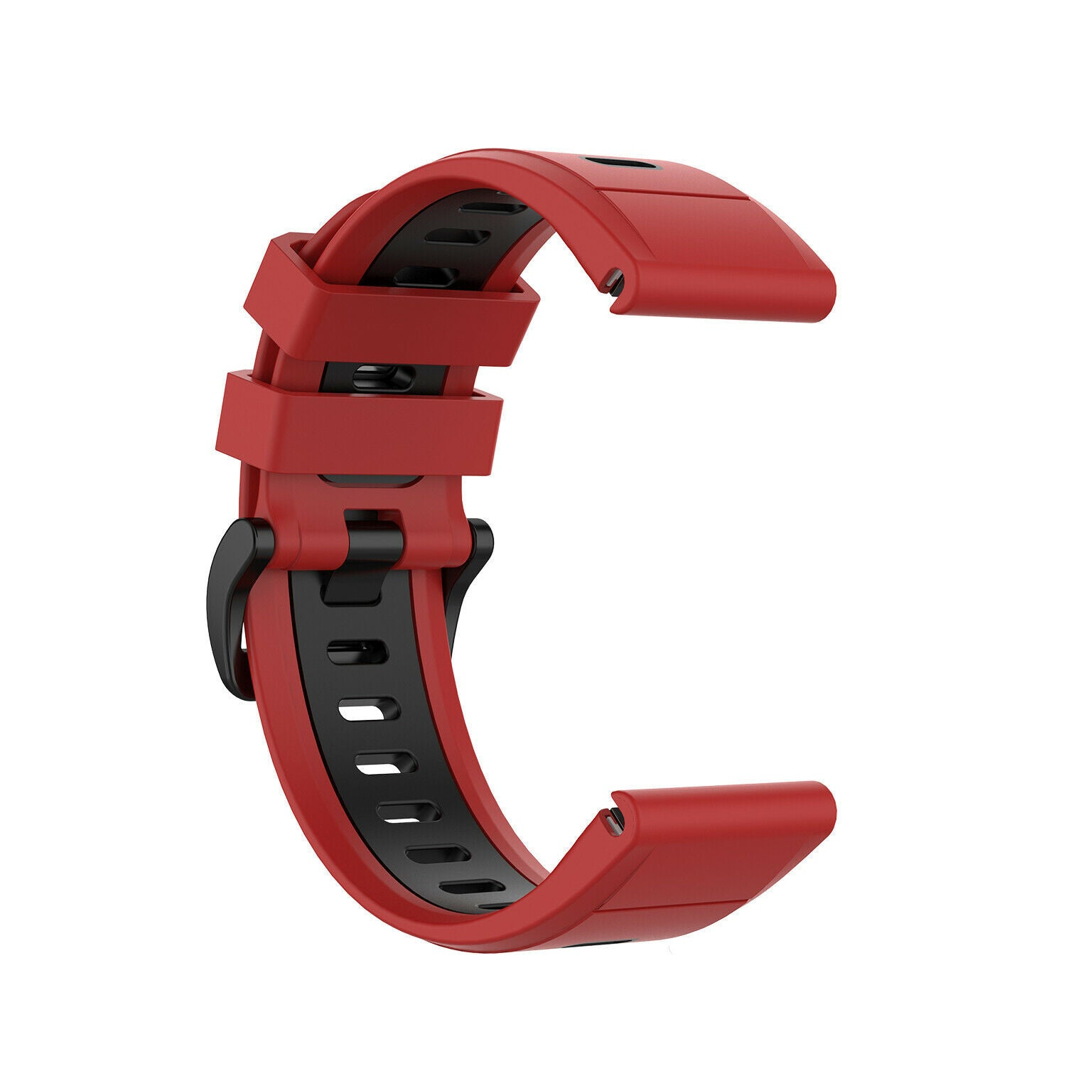 Ein rot-schwarzes Uhrenarmband vor weißem Hintergrund. Das Armband ist gebogen und hat eine Schnalle und Löcher.