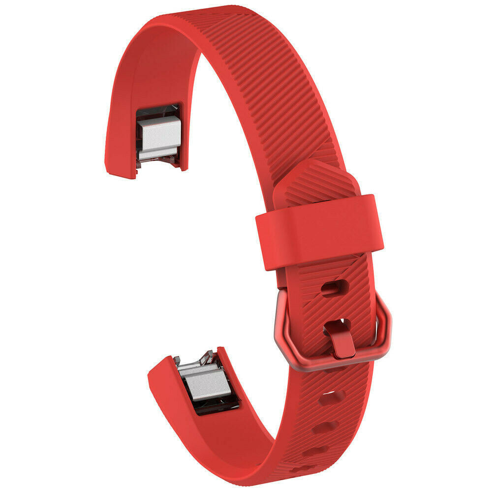 Ein rotes Smartwatch-Armband mit strukturierter Oberfläche. Es hat einen Metallverschluss und Anschlüsse. Das Armband ist auf weißem Hintergrund.