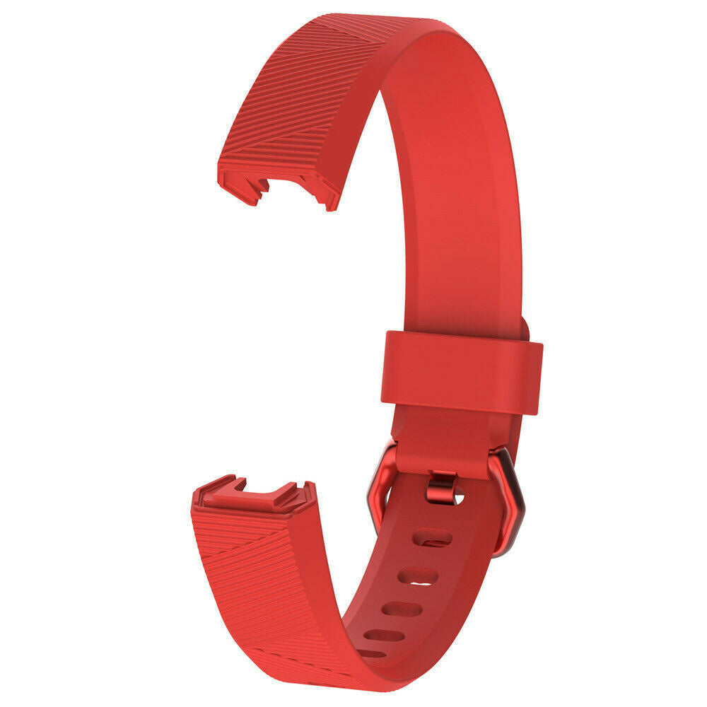 Ein rotes Uhrenarmband, gebogene Form, strukturierte Oberfläche. Es hat einen Verschluss mit Löchern und eine Schnalle. Die Enden sind offen.