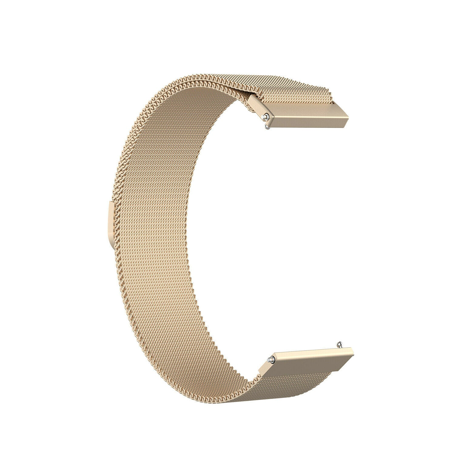 Ein goldfarbenes, gebogenes Uhrenarmband mit netzartiger Textur, isoliert auf weißem Hintergrund. Es hat zwei rechteckige Endstücke.