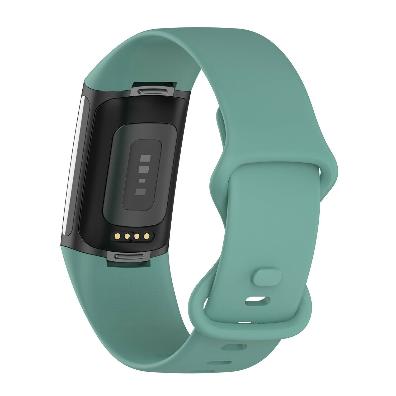 Ein türkisfarbener Fitnesstracker mit schwarzem Bildschirm und türkisfarbenem Armband. Der Tracker zeigt vier Punkte und drei rechteckige Symbole an.