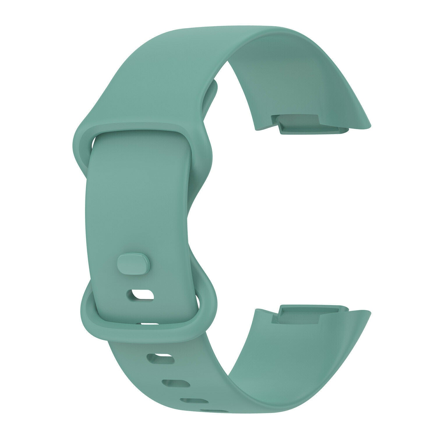 Ein hellblaugrünes Uhrenarmband liegt vor einem weißen Hintergrund. Das Band ist gebogen, hat Kerben an den Enden und ein schnallenähnliches Design.