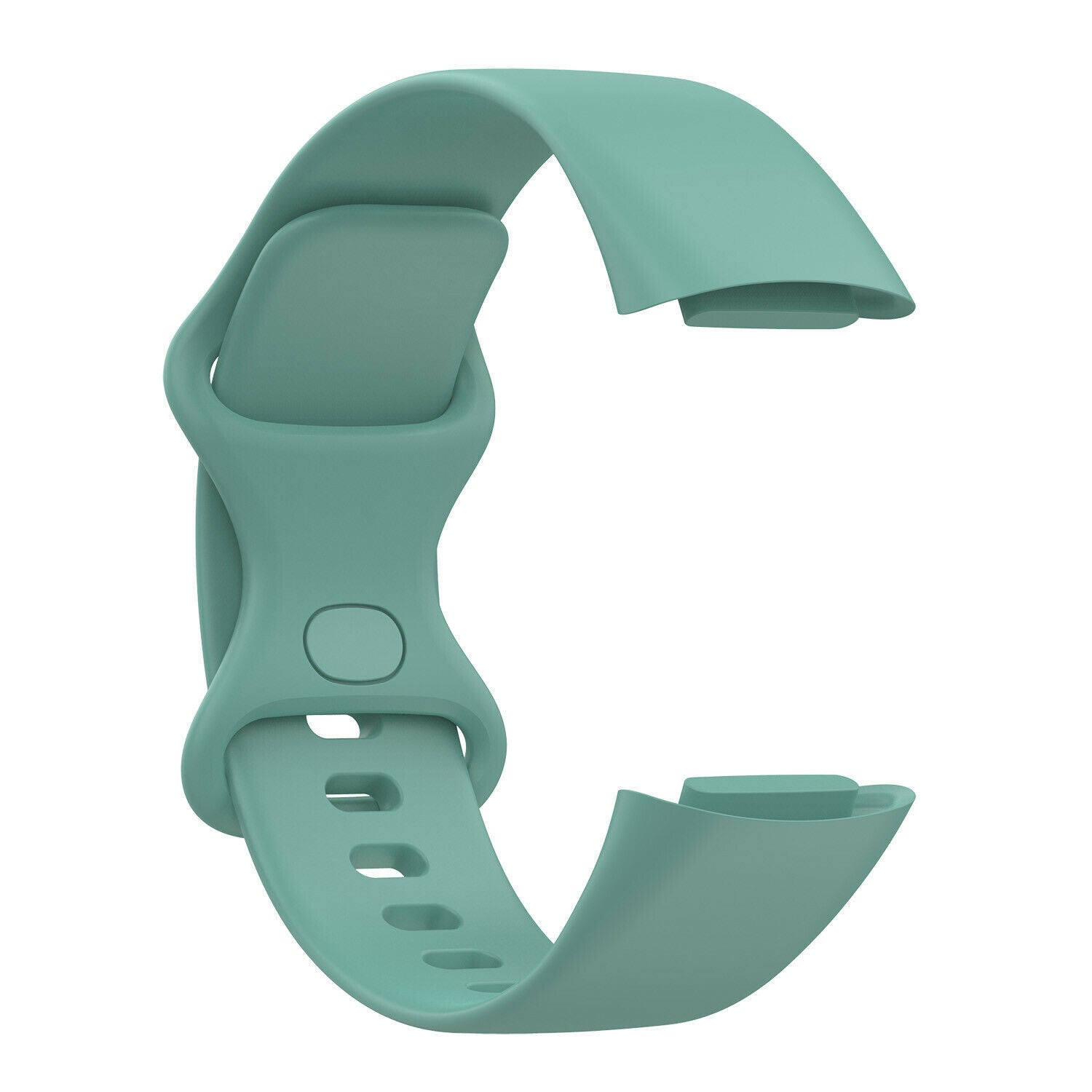 Ein aquafarbener Uhrenarmband wird vor weißem Hintergrund gezeigt. Das Armband ist gebogen und hat eine Schnalle und Löcher zur Einstellung.