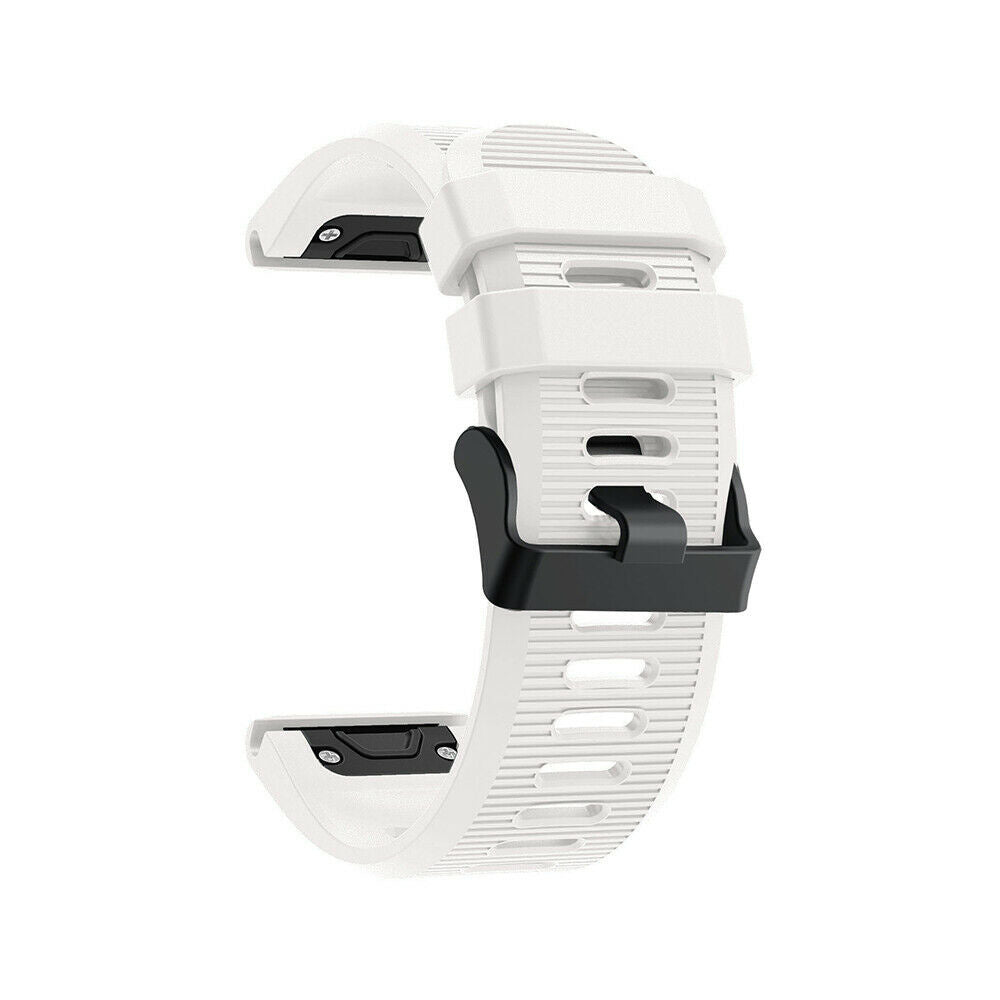 Weißes Uhrenarmband mit schwarzer Schnalle. Das Armband besteht aus einem strukturierten Material mit mehreren Löchern zur Anpassung.