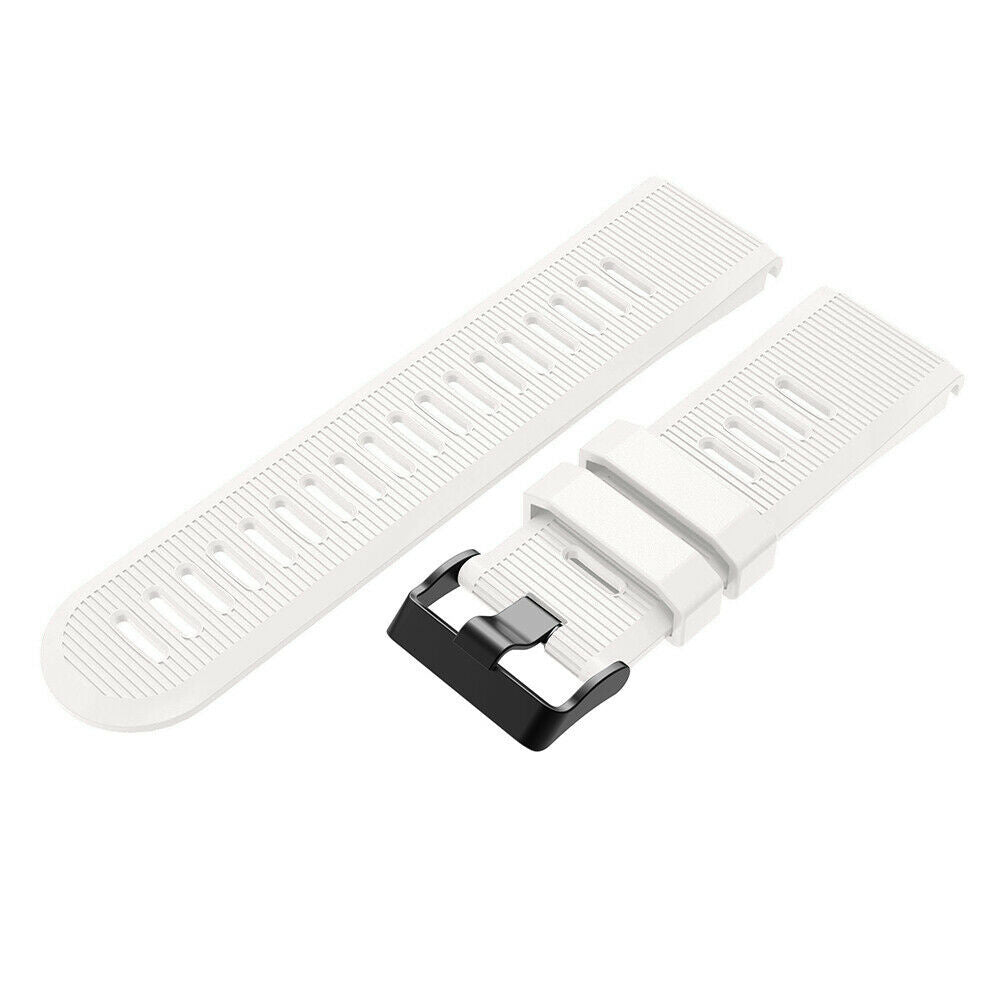 Weiße Uhrenarmbandteile mit schwarzer Schnalle. Ein langes und ein kürzeres, verbundenes Teil. Beide haben parallele Linien und Löcher.