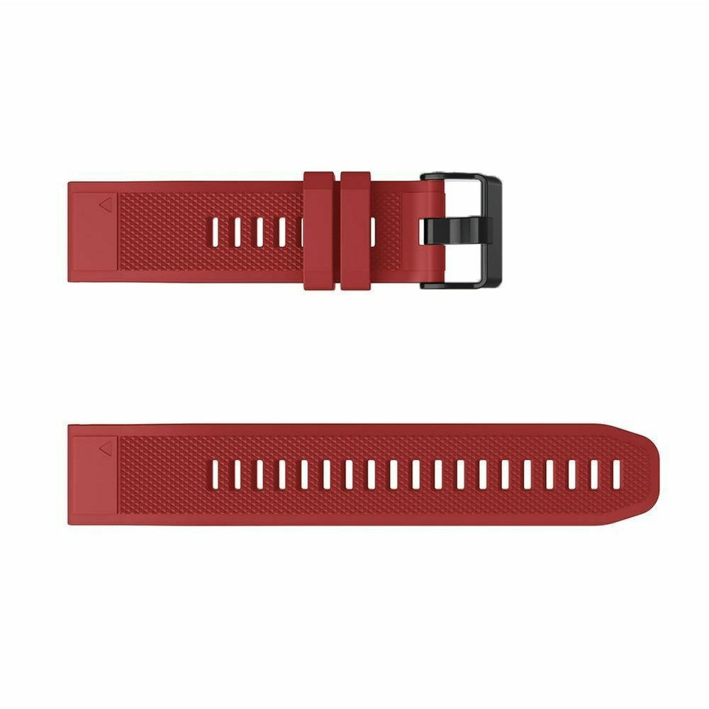 Ein rotes Uhrenarmband, zweiteilig, mit schwarzer Schnalle, liegt auf weißem Hintergrund. Die Armbänder haben strukturierte Oberflächen.