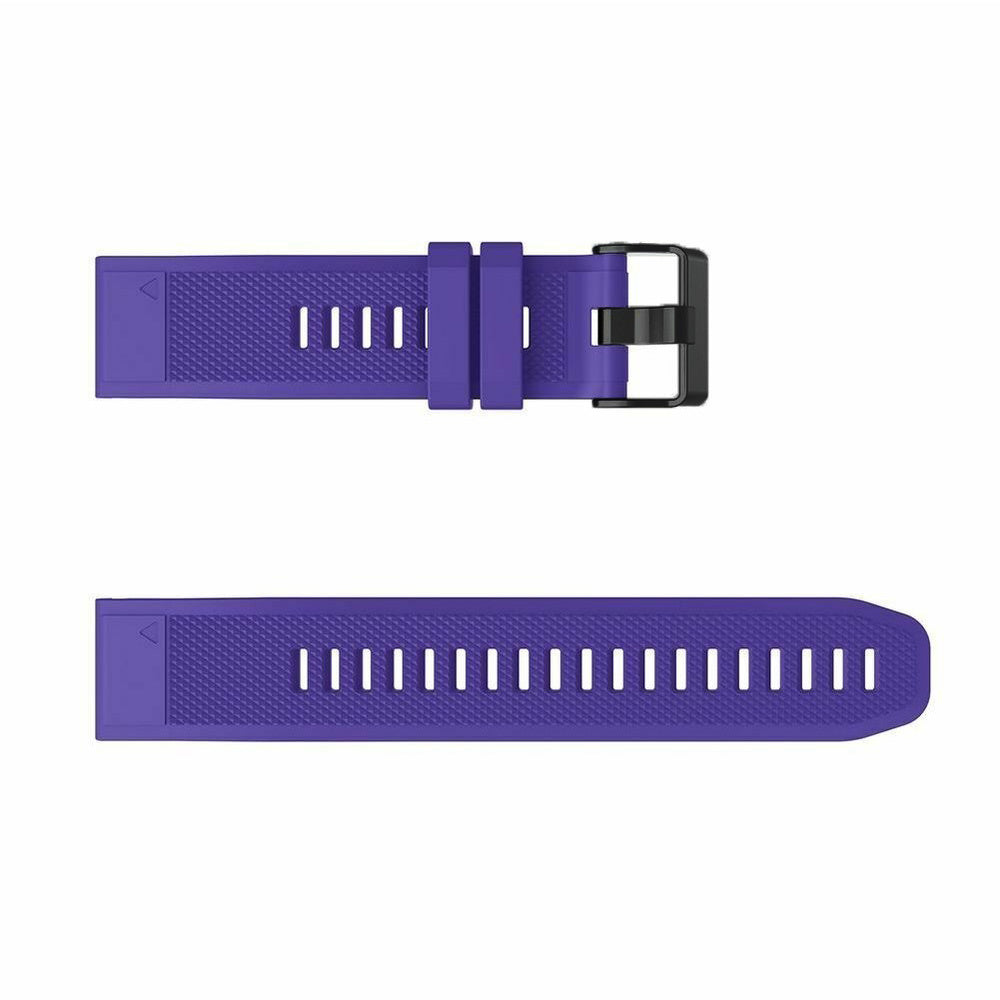 Zwei Teile eines lila Uhrenarmbands sind abgebildet. Der obere Teil hat eine Schnalle, der untere Teil viele vertikale Linien.