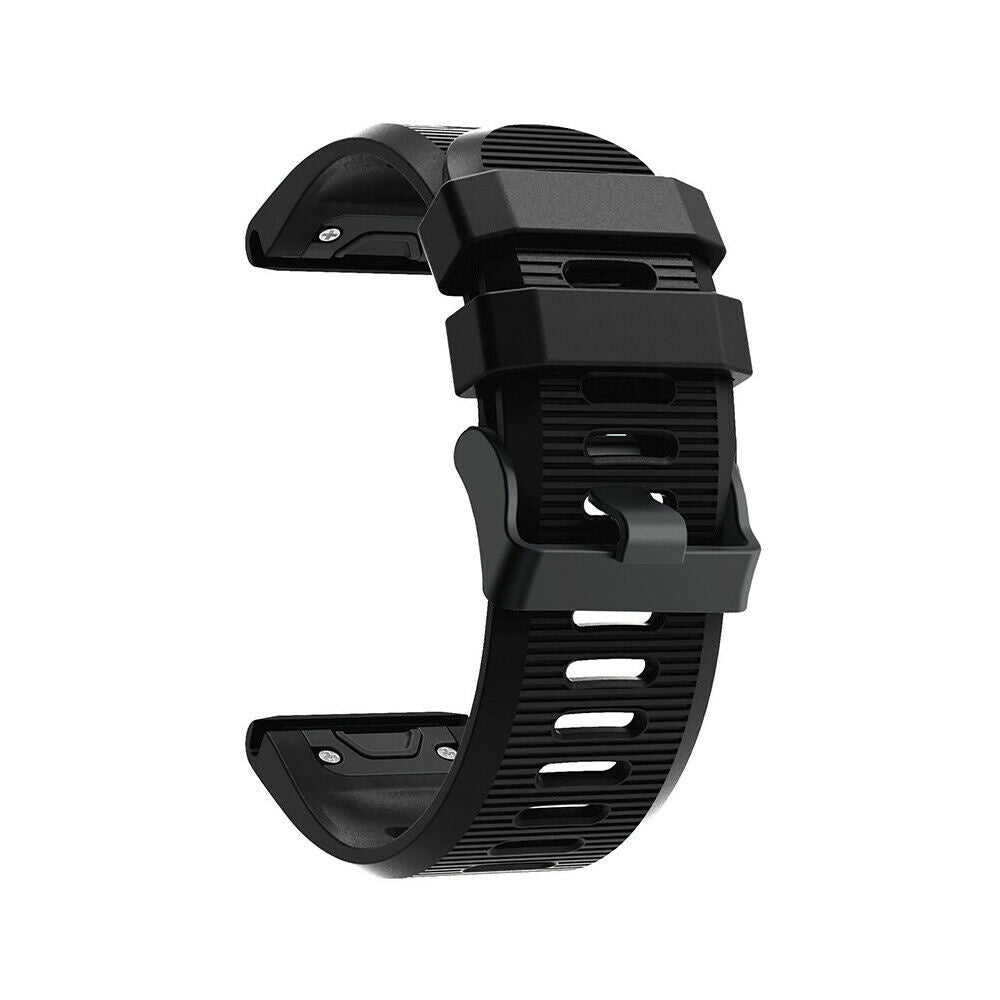 Schwarzes Uhrenarmband mit Schnalle. Es hat eine geriffelte Textur und ein gebogenes Design. Der Hintergrund ist weiß.