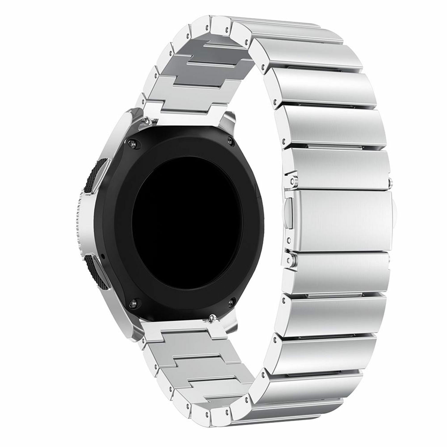 Eine silberne Armbanduhr mit schwarzem Zifferblatt und Metallarmband. Die Uhr ist abgewinkelt und zeigt ihre Seite und die Glieder des Armbands.