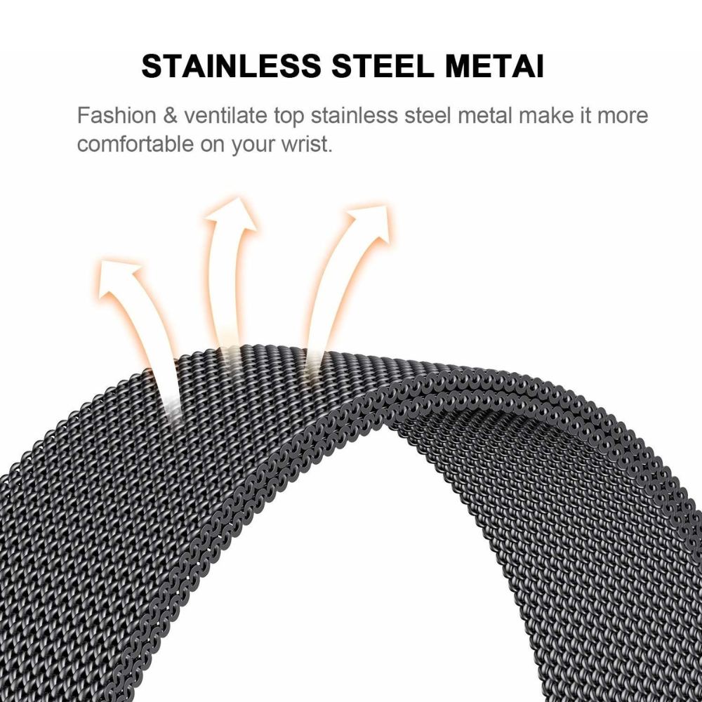 Nahaufnahme eines dunklen Metall-Armbands. Drei Pfeile zeigen vom Band nach oben. Text: Edelstahl-Metall, angenehm am Handgelenk.