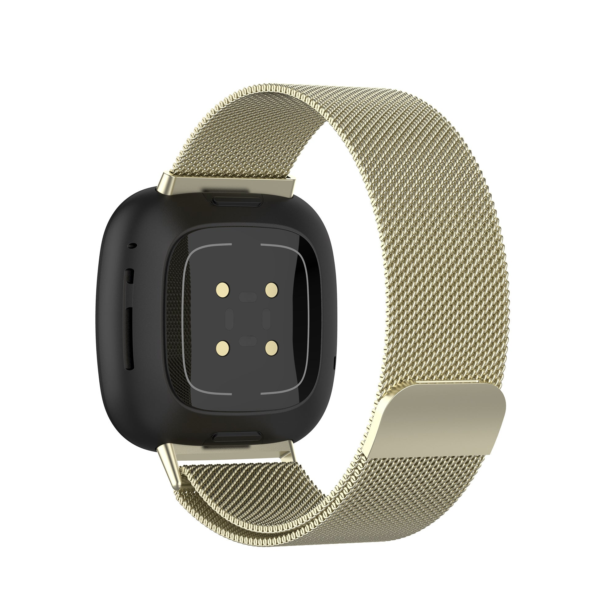 Eine schwarze Smartwatch mit goldenem Mesh-Armband. Das Zifferblatt ist schwarz. Das Band ist geschlungen.