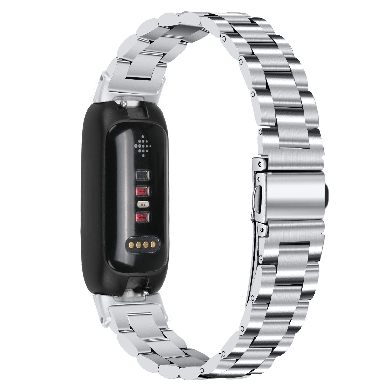 Ein silbernes Metall-Armband mit einem schwarzen Fitness-Tracker. Die Uhr ist offen, mit weißem Hintergrund.