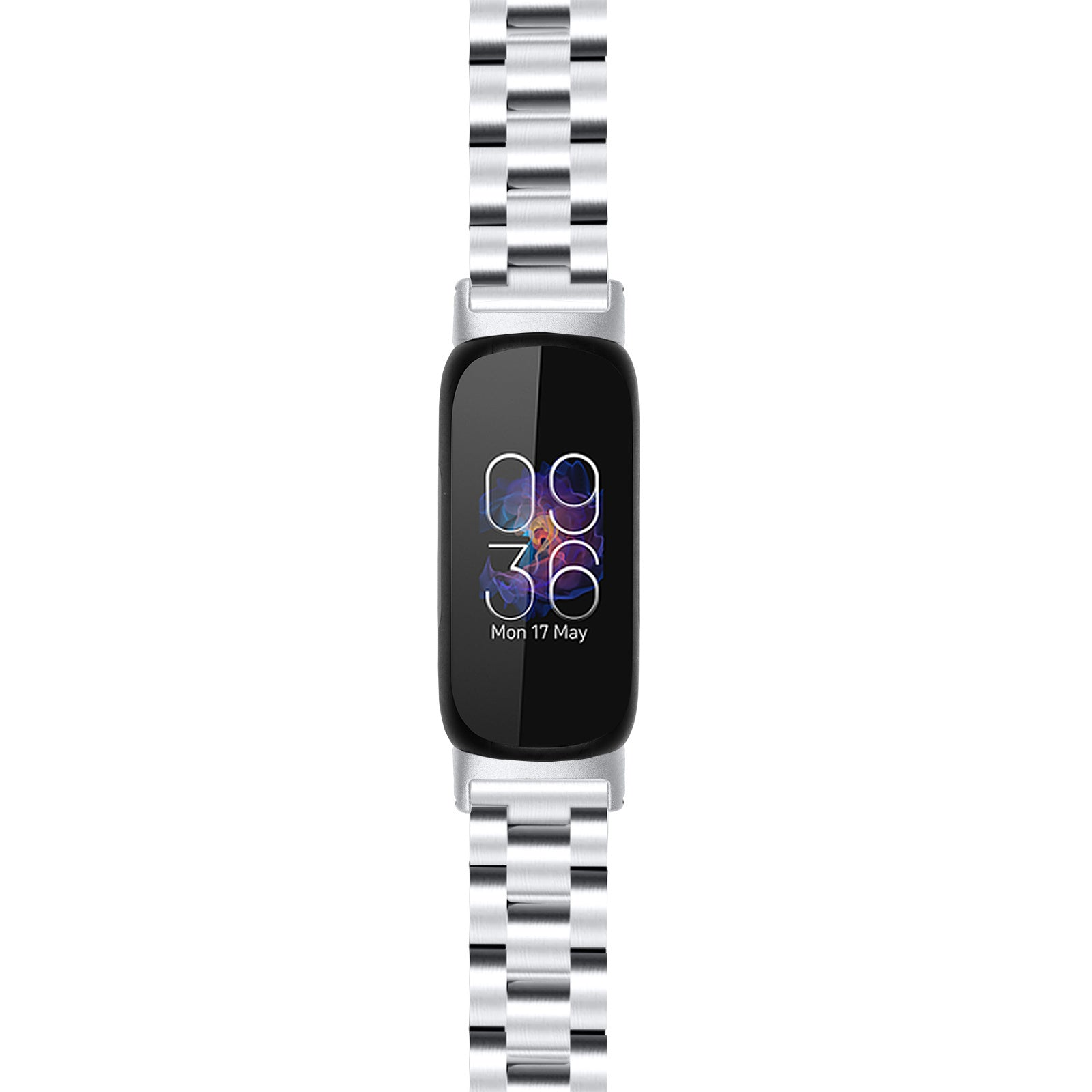 Eine silberne Smartwatch zeigt die Uhrzeit 09:36 und das Datum Mo, 17. Mai an. Sie hat einen schwarzen Bildschirm und ein Metallarmband.
