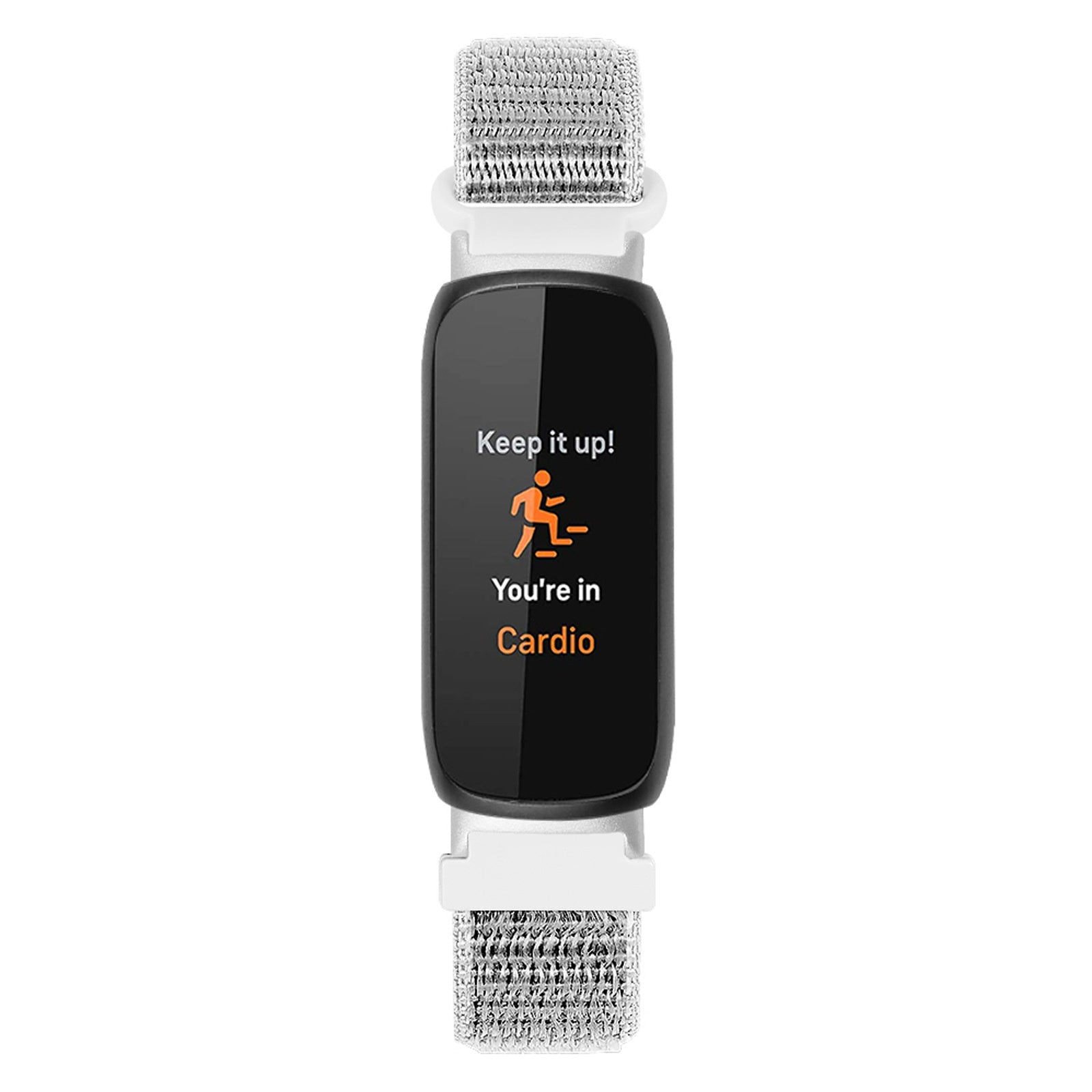 Ein Fitnesstracker mit schwarzem Bildschirm, der 'Weiter so! Du bist im Cardio' anzeigt. Er befindet sich an einem weißen Band mit silbernem Mesh-Armband.