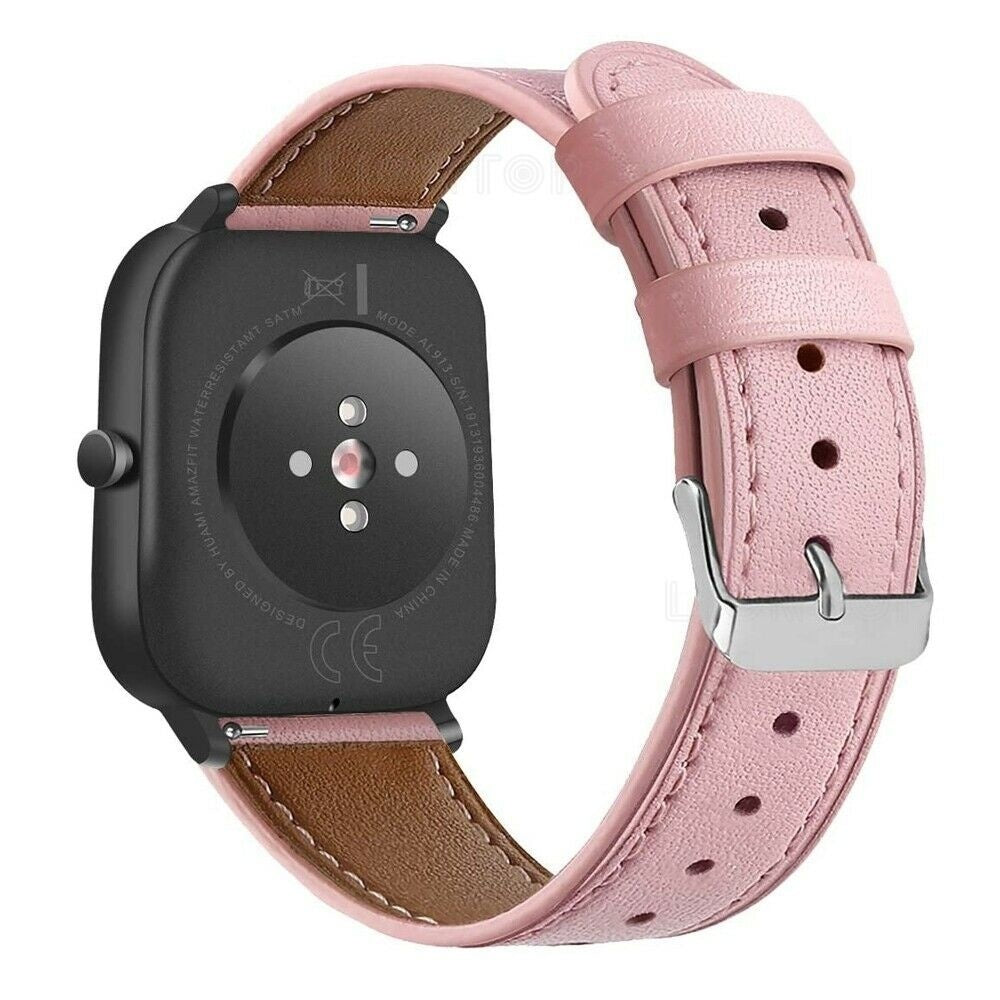 Schwarze Amazfit-Smartwatch mit rosa Lederarmband. Das Zifferblatt ist schwarz. Das Armband ist rosa mit silberner Schnalle.