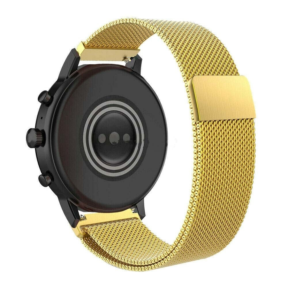 Eine schwarze Smartwatch mit goldenem Mesh-Armband wird von hinten gezeigt. Die Uhr hat zwei Knöpfe und einen Sensor auf der Rückseite.
