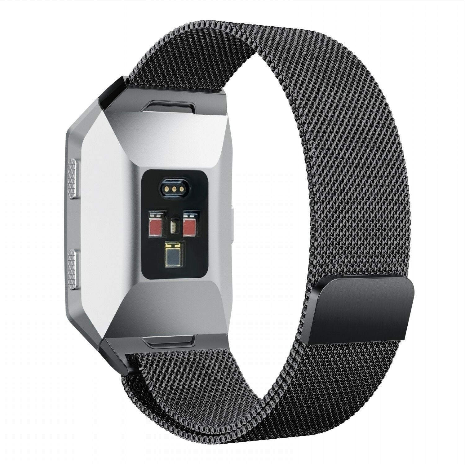 Eine silberne Smartwatch mit schwarzem Mesh-Armband vor weißem Hintergrund. Die Uhr hat Sensoren und einen Verschluss.