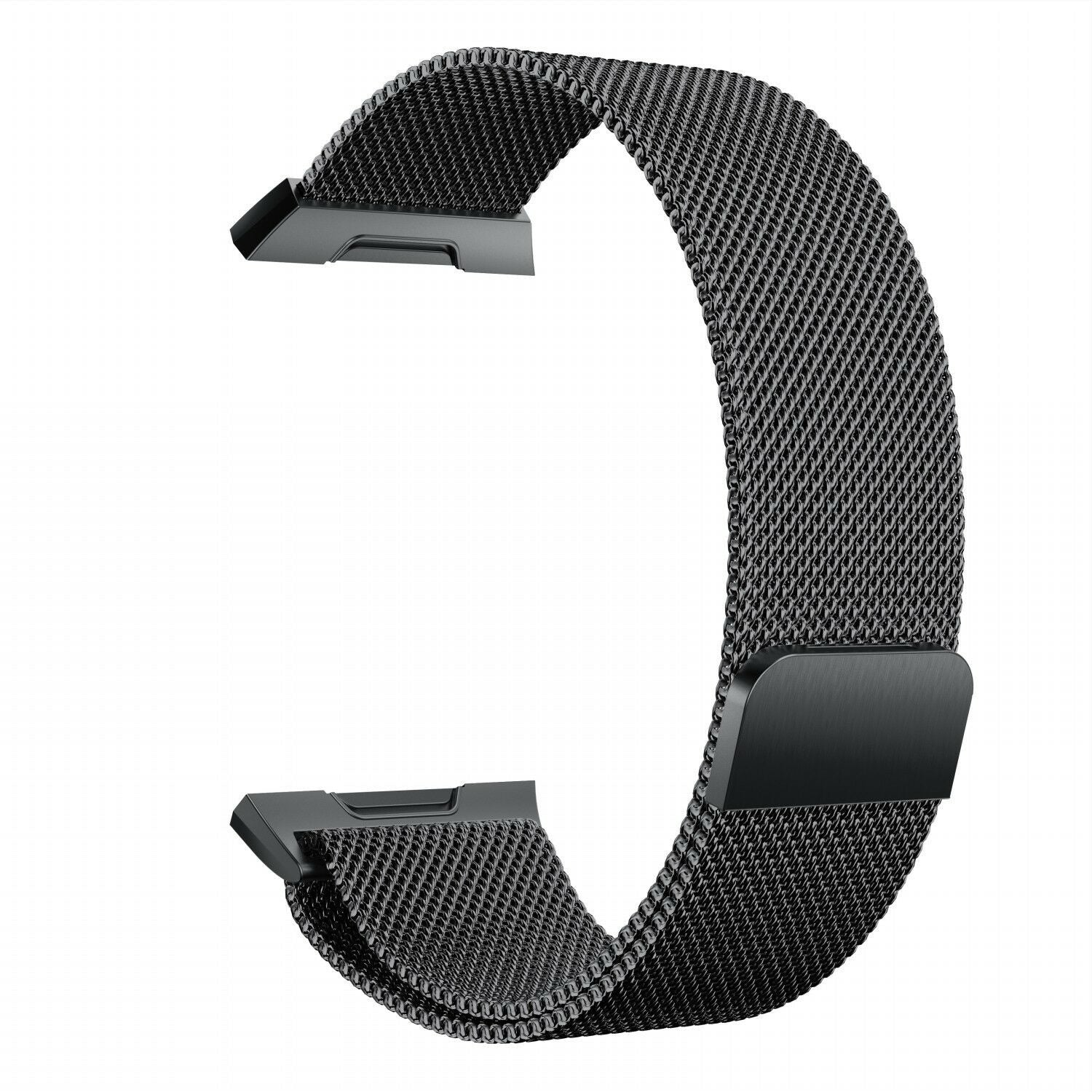 Ein schwarzes Armband, C-förmig gebogen, vor weißem Hintergrund. Es besteht aus einem meshartigen Material und hat Metallverschlüsse.