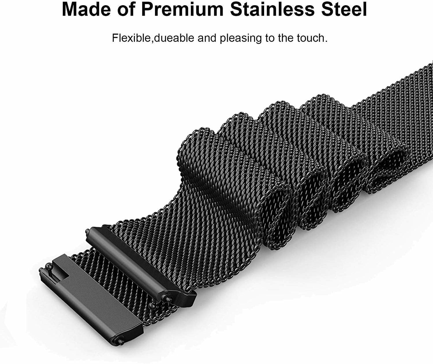 Nahaufnahme eines schwarzen Edelstahl-Uhrenarmbands. Das Armband ist flexibel und hat ein Mesh-Design. Weißer Hintergrund.