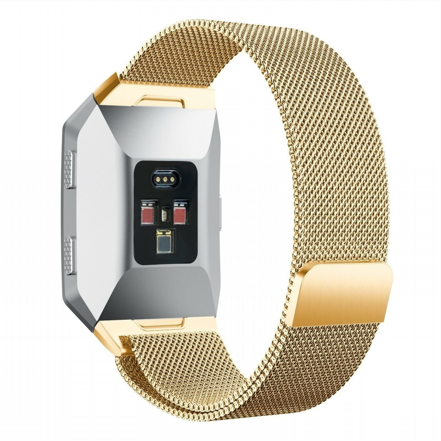 Eine Smartwatch mit silbernem Gehäuse und goldenem Mesh-Armband. Das Zifferblatt zeigt Sensoren. Das Armband ist gebogen und befestigt.