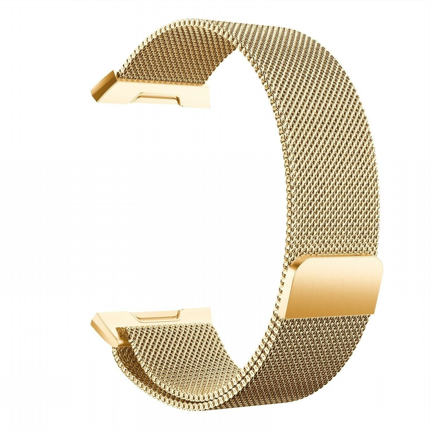 Ein gebogenes, goldenes Uhrenarmband auf weißem Hintergrund. Das Armband besteht aus gewebtem Metall und hat zwei Verschlüsse.