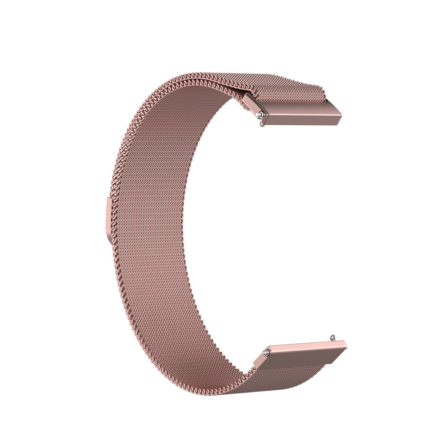 Ein roségoldenes Uhrenarmband mit Mesh-Design ist vor weißem Hintergrund gebogen. Das Armband hat eine C-Form mit rechteckigen Enden.