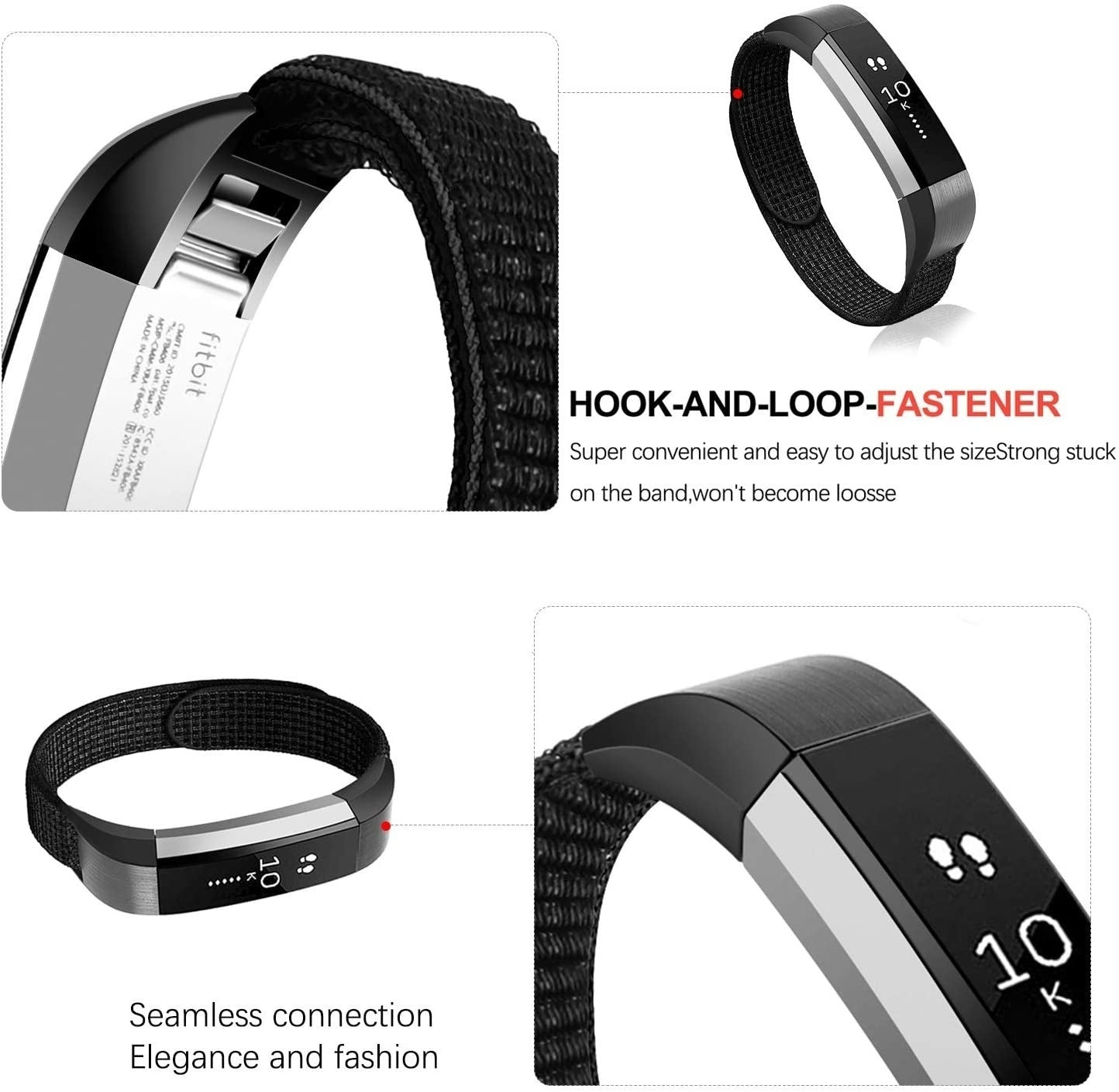 Bilder zeigen einen Fitbit-Fitness-Tracker, der Band und Display-Details hervorhebt. Zu den Merkmalen gehören ein Klettverschluss und eine nahtlose Verbindung.