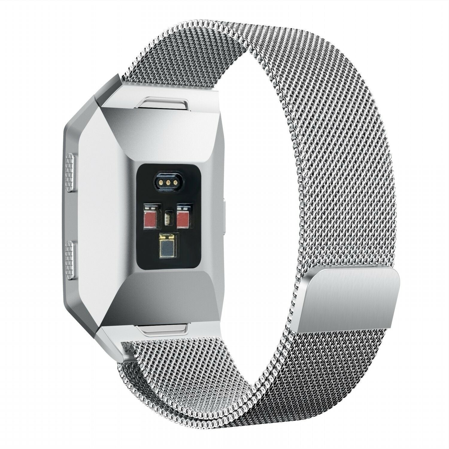 Eine silberne Smartwatch mit Mesh-Armband wird vor weißem Hintergrund gezeigt. Der Bildschirm zeigt Sensoren und ein Metallgehäuse.