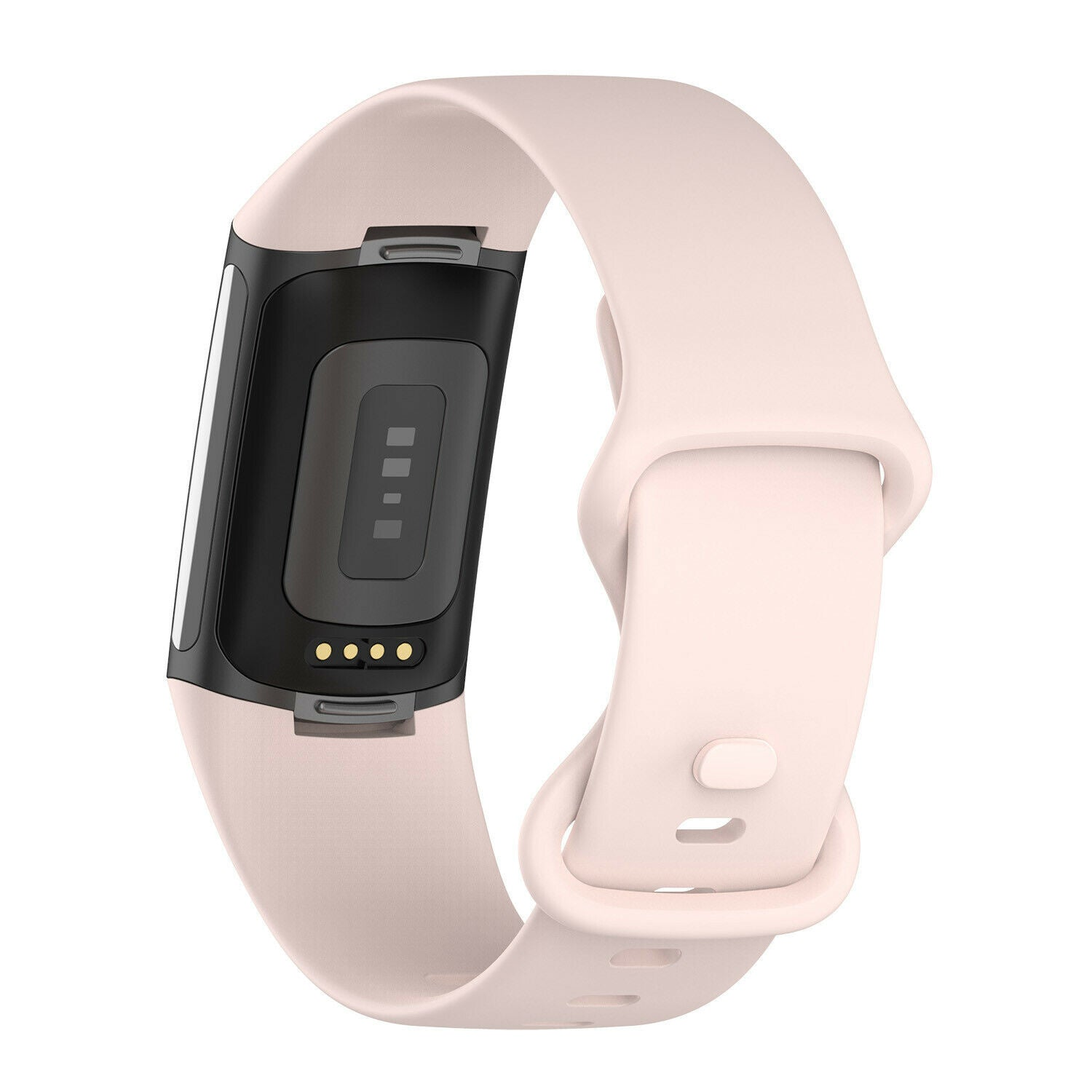 Ein rosa Fitness-Tracker auf weißem Hintergrund. Der Tracker hat einen schwarzen Bildschirm und ein rosa Armband.