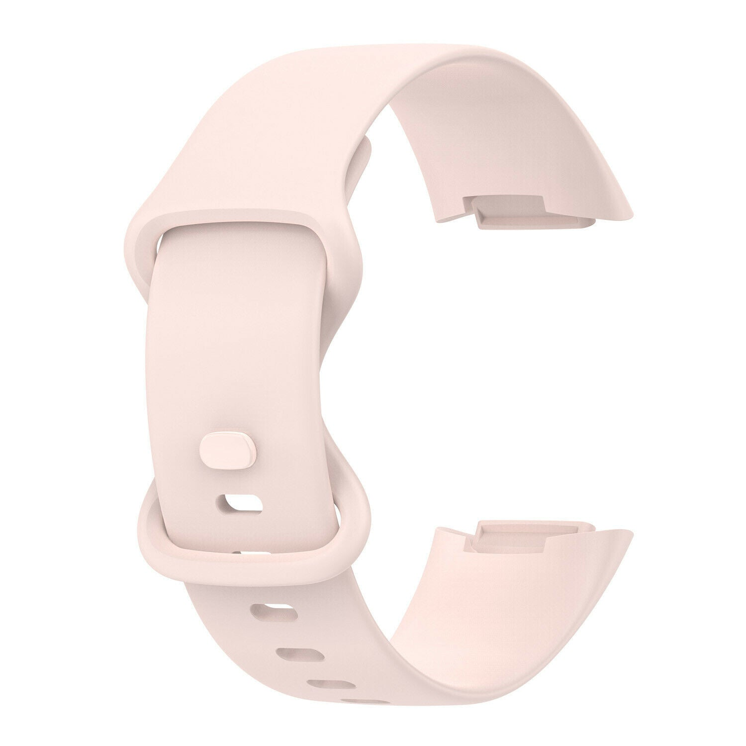 Ein hellrosa Smartwatch-Armband wird in gebogener Form gezeigt. Es hat Löcher und einen Verschluss an jedem Ende, bereit, an einer Uhr befestigt zu werden.