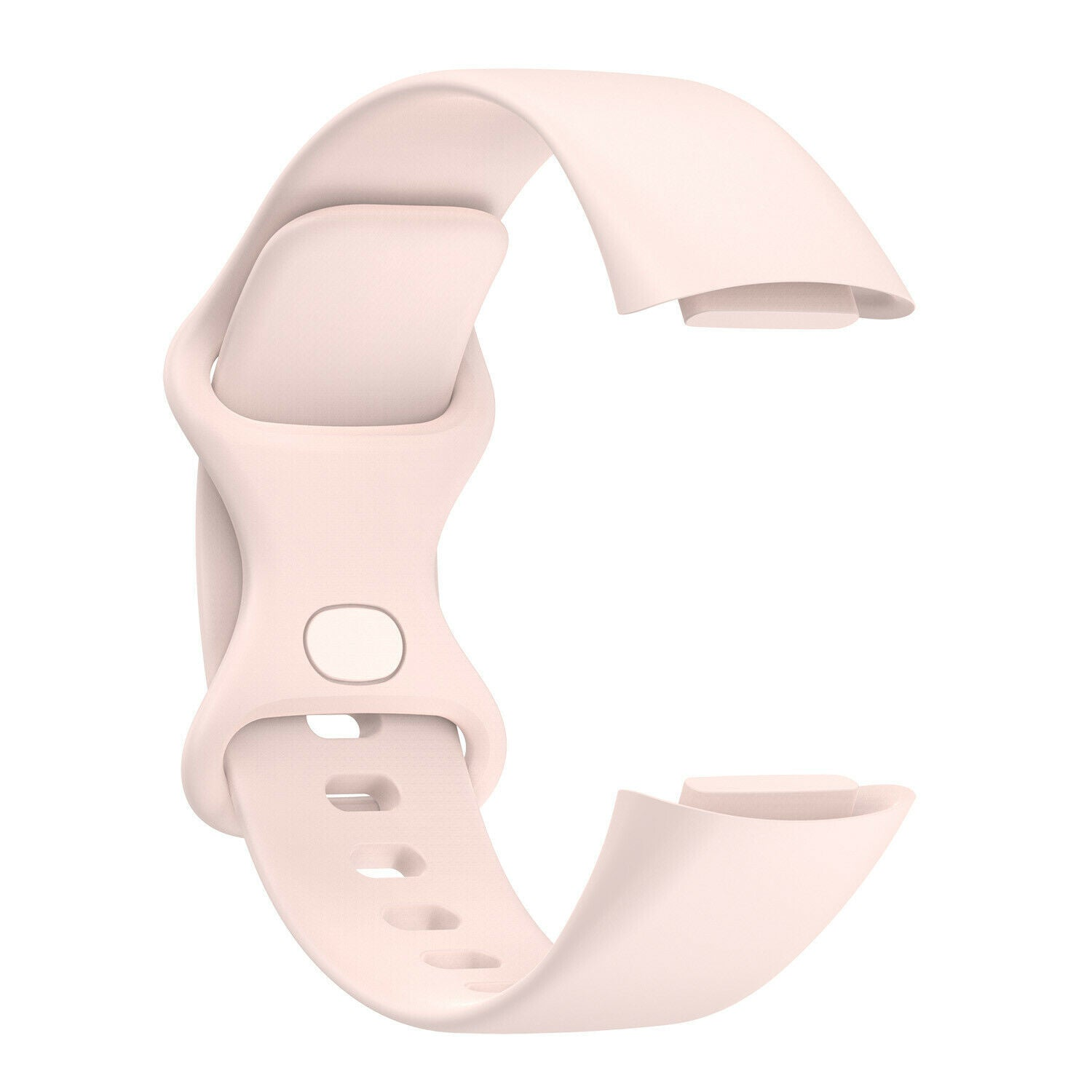 Ein hellrosa Uhrenarmband ist C-förmig gebogen. Es hat Löcher und einen Knopf. Der Hintergrund ist weiß.