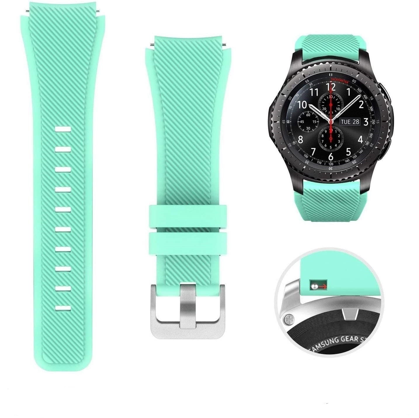 Eine schwarze Smartwatch mit mintgrünem Armband und zwei abgenommenen mintgrünen Armbändern werden auf weißem Hintergrund angezeigt.