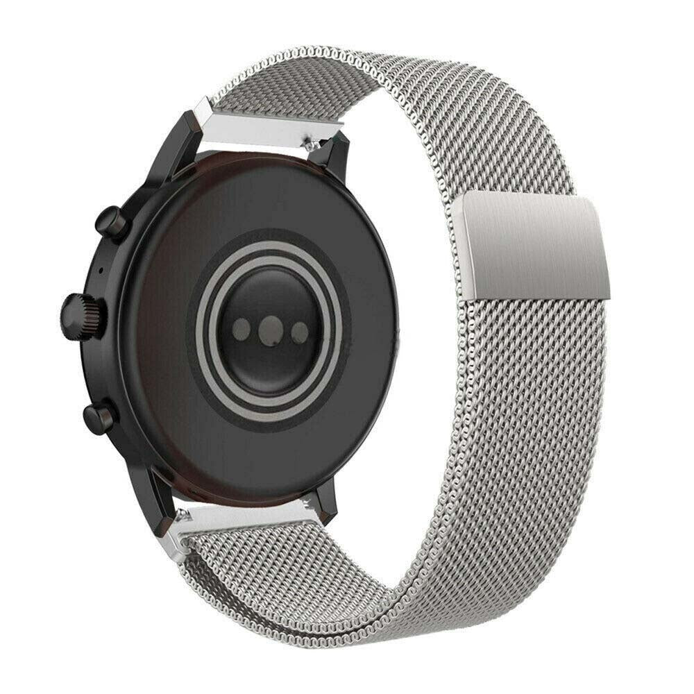 Eine schwarze Smartwatch mit silbernem Mesh-Armband. Die Rückseite der Uhr zeigt Sensoren. Das Band hat einen Verschluss.
