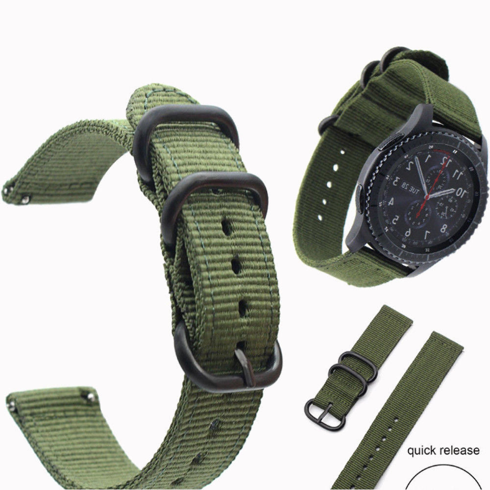 Grüne Uhrenarmbänder und eine schwarze Uhr mit schwarzem Zifferblatt. Die Armbänder und Schnallen sind auf weißem Hintergrund dargestellt.