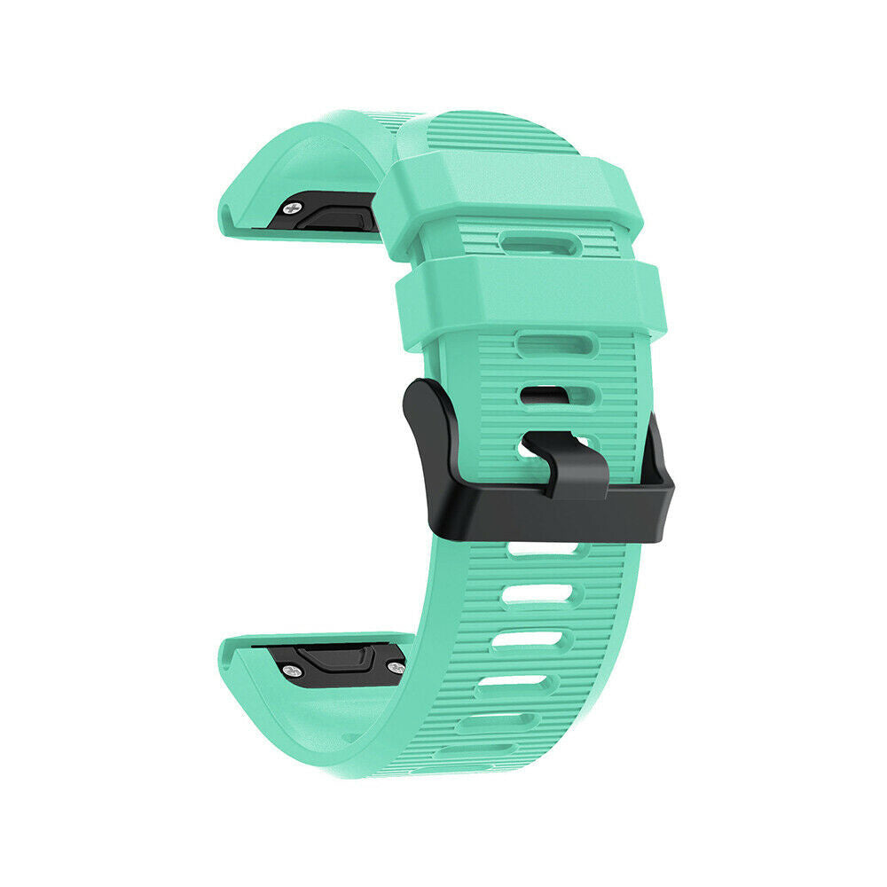 Ein hellgrünes Uhrenarmband mit schwarzer Schnalle wird vor weißem Hintergrund gezeigt. Das Armband besteht aus geriffeltem Material.